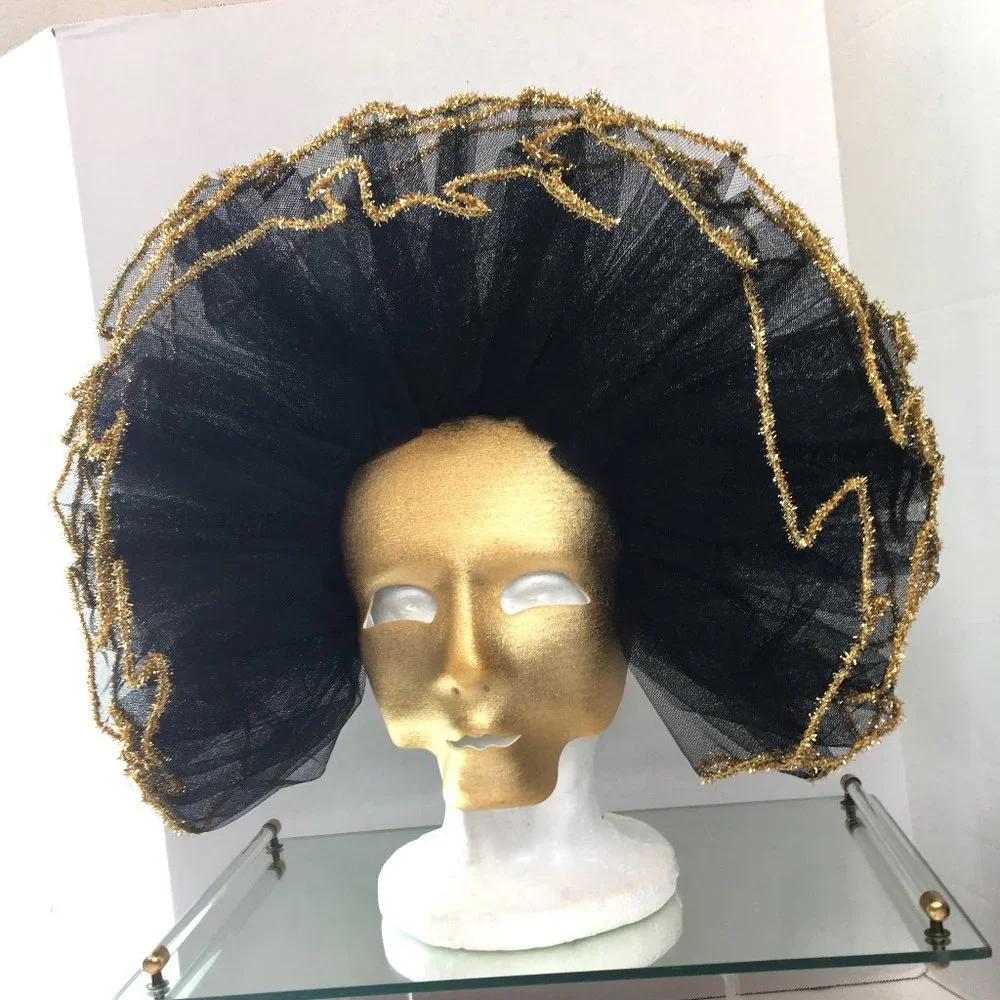 Vintage Venetian Gold Fabric Mask w/ Blk Net Ruffles NOS NWOT